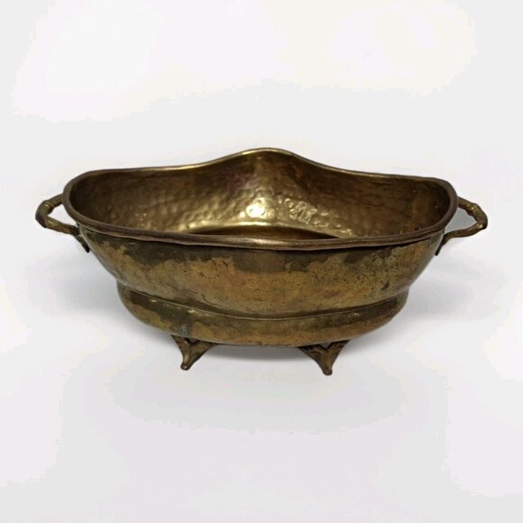 Hosley International Solid Brass Hammered Design Oblong With Handles Planter Pot - Picture 1 of 11